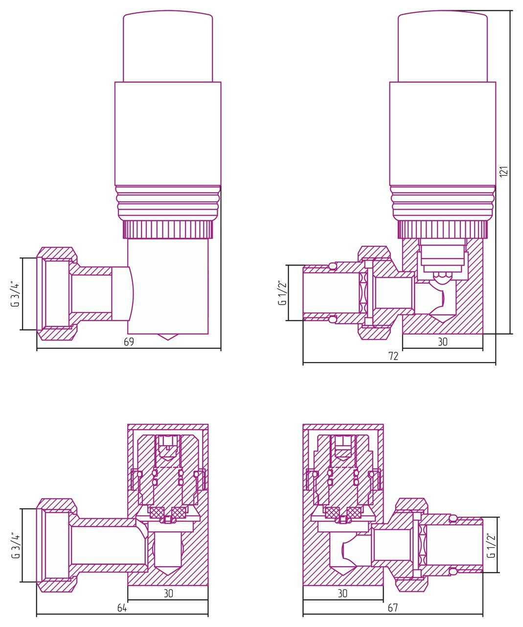 Автоматический терморегулятор 3D правый G 1/2" НР х G 3/4" НГ (набор) (Матовый белый - Чёрный хром), артикул 30-1422-6211