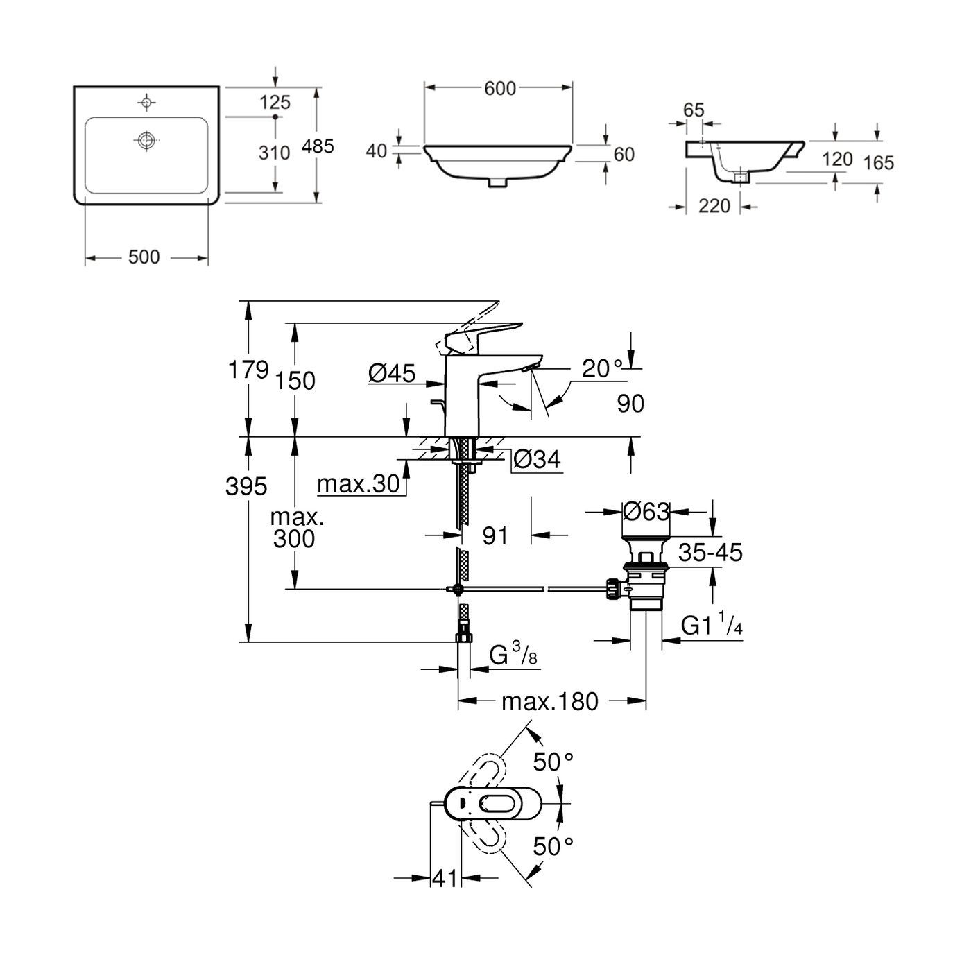 Комплект 2 в 1 Lavinia Boho Bathroom Sink 21510394, врезная фарфоровая раковина 60 см, смеситель с донным клапаном