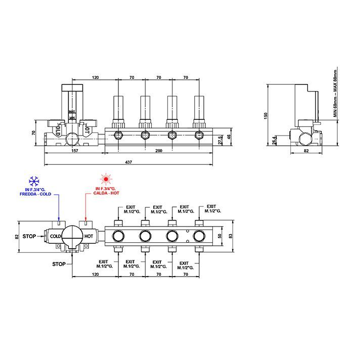 Bongio Внутренняя часть для встроенного термостатического смесителя  на 4 выхода