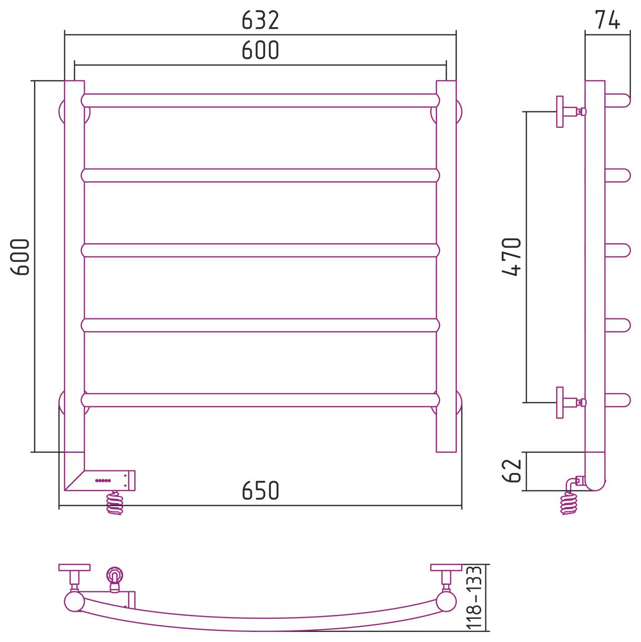 Полотенцесушитель электрический "ГАЛАНТ 2.0" 600х600 / МЭМ левый (Без покрытия)