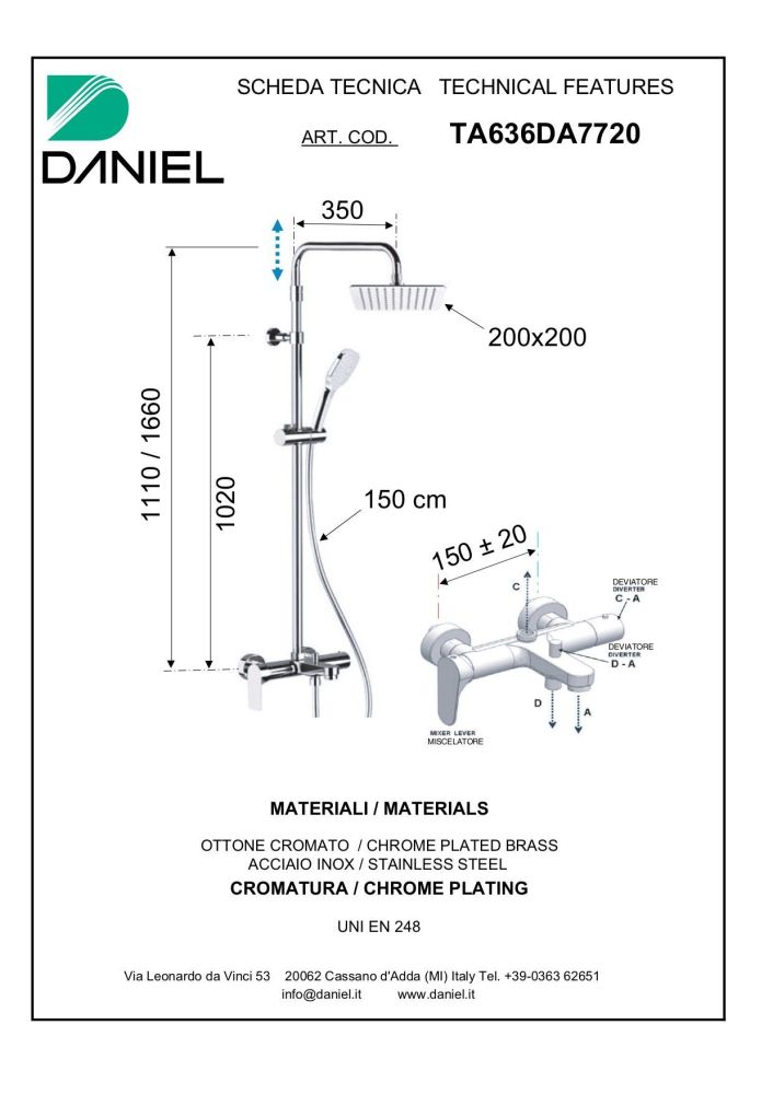 Daniel Tiara, душевая колонна регулируемая по высоте 111-166 см, c изливом и квадратным верхним душем 20х20 см, цвет хром, артикул TA636DA7720-CR