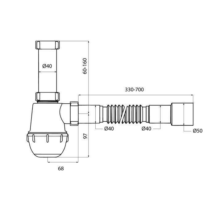 Сифон бутылочный IDDIS Optima Home 1.1/2x40мм, с гофротрубой 40/50мм (900A0G0010VD), артикул 900A0G0010VD