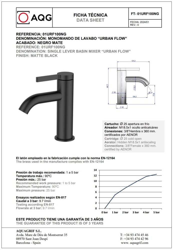 AQG Urban Flow, однорычажный смеситель для раковины без донного клапана, цвет черный матовый