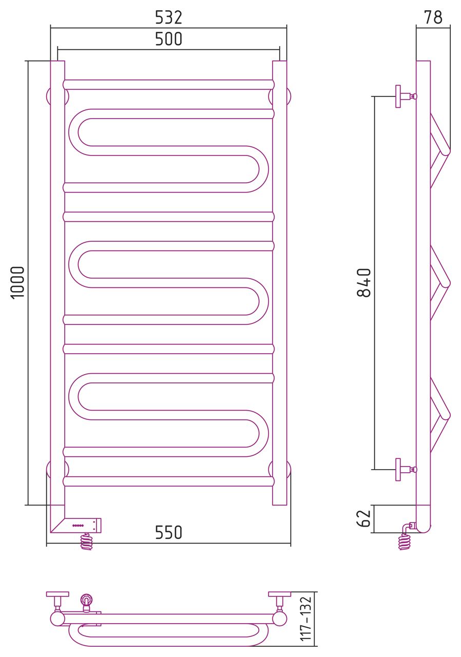 Полотенцесушитель электрический "ЭЛЕГИЯ 2.0" 1000х500 / МЭМ левый (Белый (RAL-9003))