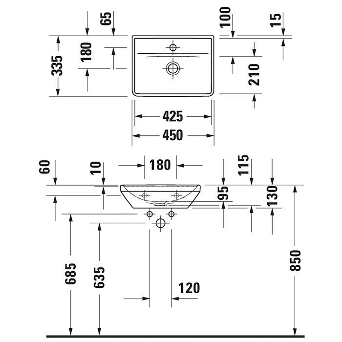 Duravit D-Neo Раковина 450х335  мм, без перелива, с 1 отв. под смеситель, с WonderGliss, цвет: белый