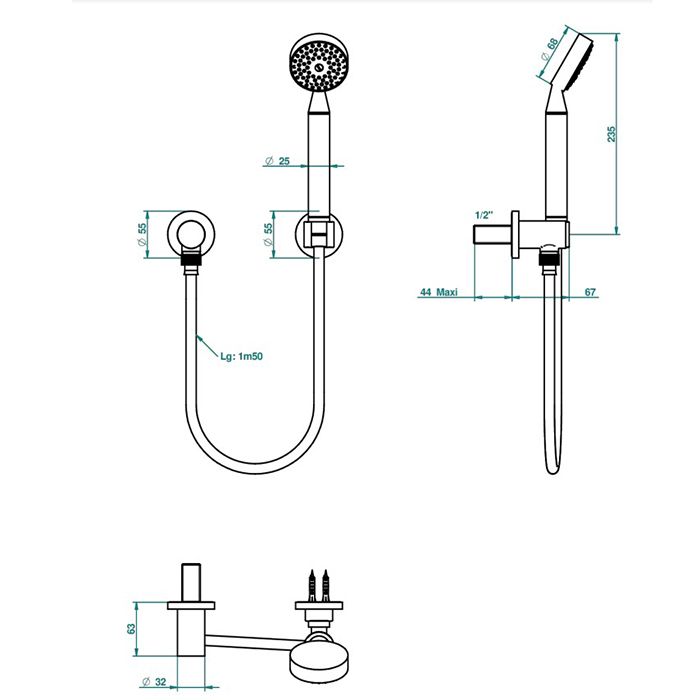 THG PARADISE Душевой комплект с ручным душем, шланг 1500 мм., держатель и подвод воды, цвет хром