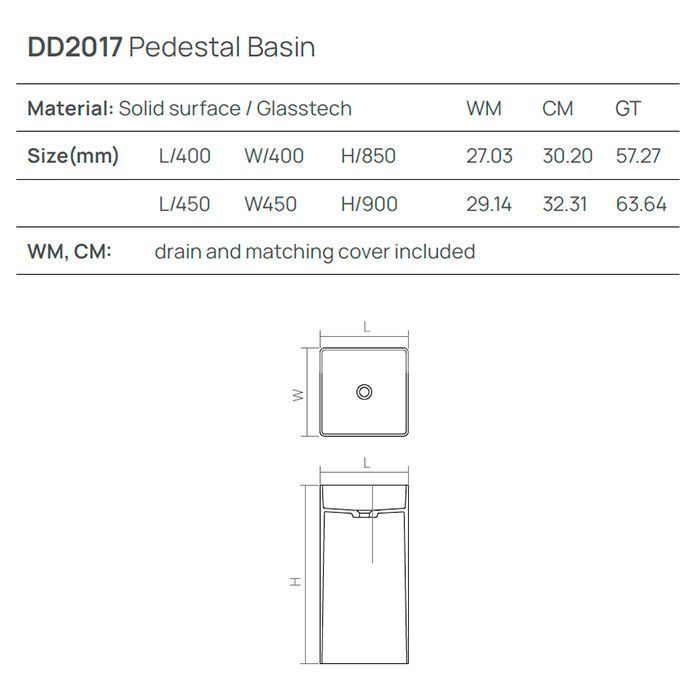 Раковина, DEA Design, Pedestal Basin, ширина, мм-450, глубина, мм-450, высота, мм-900, тип установки-напольный, отверстия для смесителя-отсутствуют, без перелива, материал-Solid surface, цвет-Grey Brown, артикул DD2017 450 6
