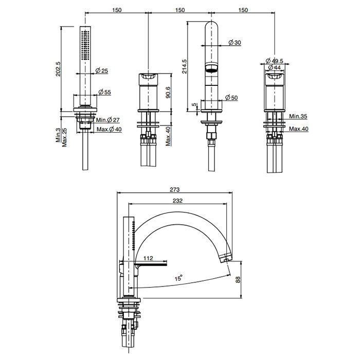 Fima Carlo Frattini Mast Смеситель на борт ванны, на 4 отв., с ручным душем, цвет: чёрный матовый Fima Carlo Frattini Mast Смеситель на борт ванны, на 4 отв., с ручным душем, цвет: чёрный матовый