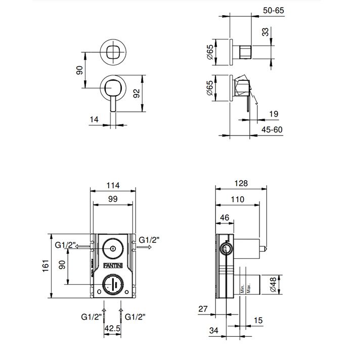 Fantini Lame Смеситель для душа, встраиваемый, на 2 источника, (наружняя часть), цвет: черный матовый