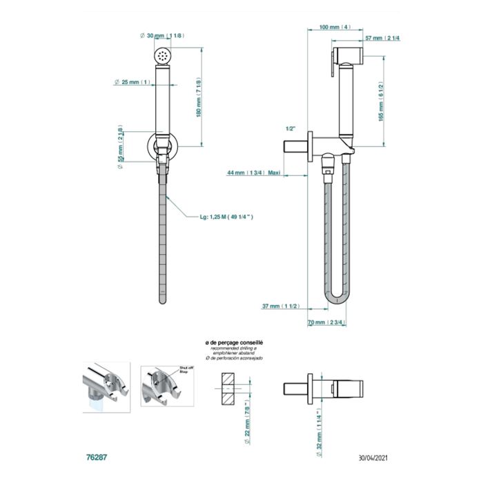 THG COLLECTION "O" Гигиеничесий душ в комплекте с настенным держателем с подводом воды и шлангом 1250 мм., цвет Soft matt gold