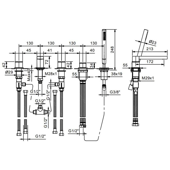 Fantini Mint Смеситель на борт ванны, 5 отв., с ручн душем, излив 175мм, цвет: нержавеющая сталь