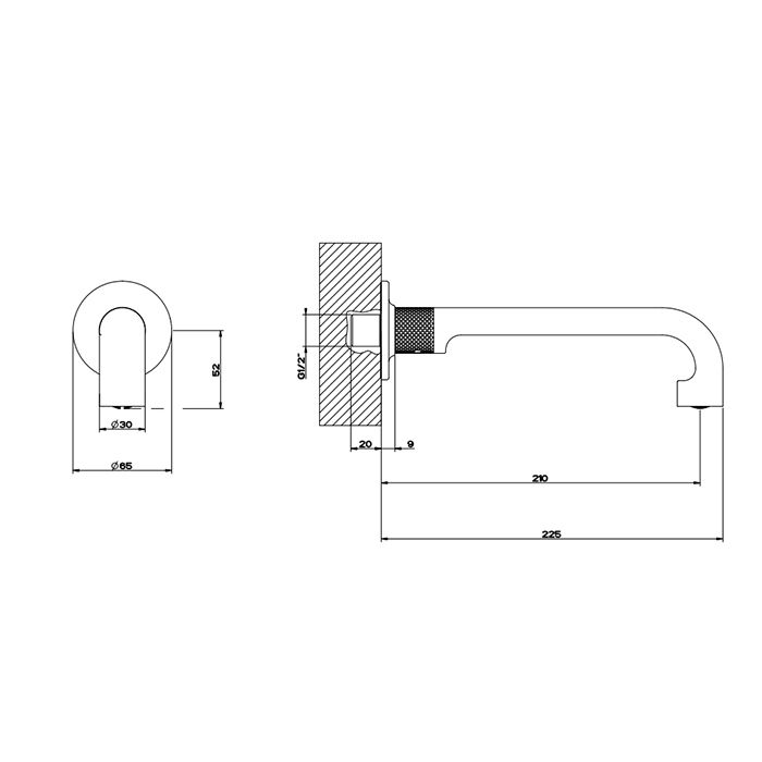 GESSI INCISO Настенный излив 210мм, на 1/2”, комбинируемый с удаленным управлением (не входит в комплект), цвет: brushed brass pvd