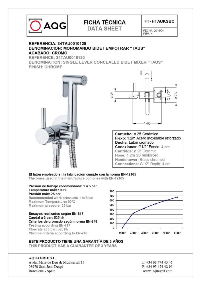 AQG, комплект гигиенического душа TAUS со смесителем на холодную и горячую воду, цвет хром, артикул 34TAU0010120