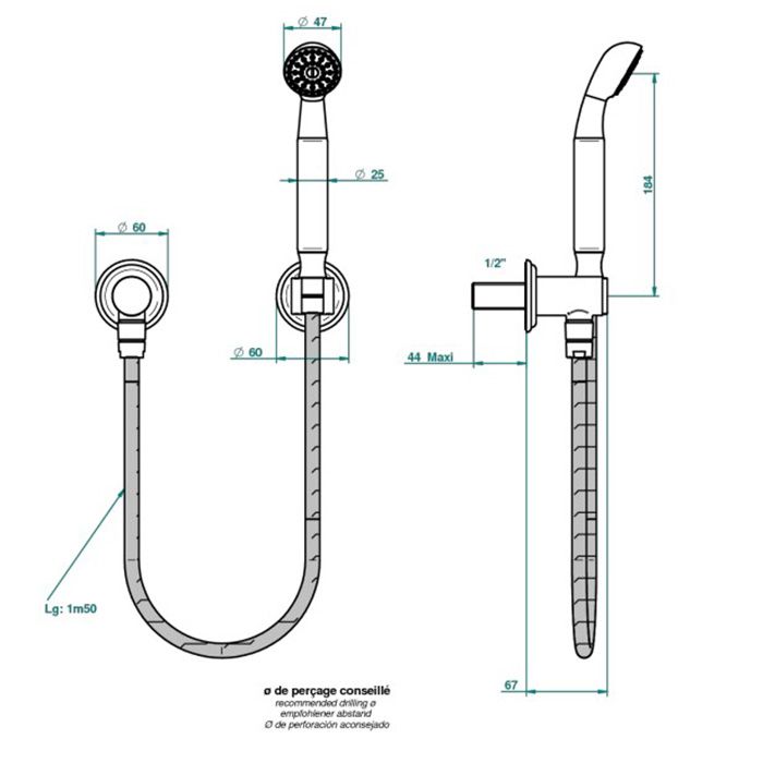 THG FLORE Душевой комплект с ручным душем, шланг 1500 мм., держатель и подвод воды, цвет хром