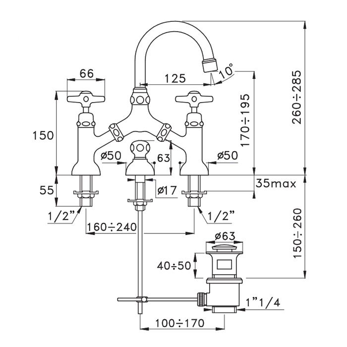 Stella Italica Смеситель для раковины на 3 отверстия 3215/351 с донным клапаном, цвет: хром