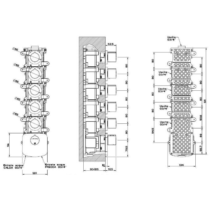 Gessi Tondo Встраиваемый термостат для душа, с 5ю независимыми выходами, верт/гориз установка, (внешние части), цвет: хром