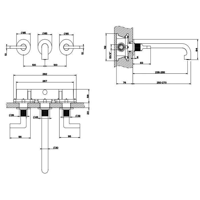 GESSI INCISO Встраиваемый смеситель для раковины на 3 отверстия с изливом 255-235мм (внешние части), цвет: хром
