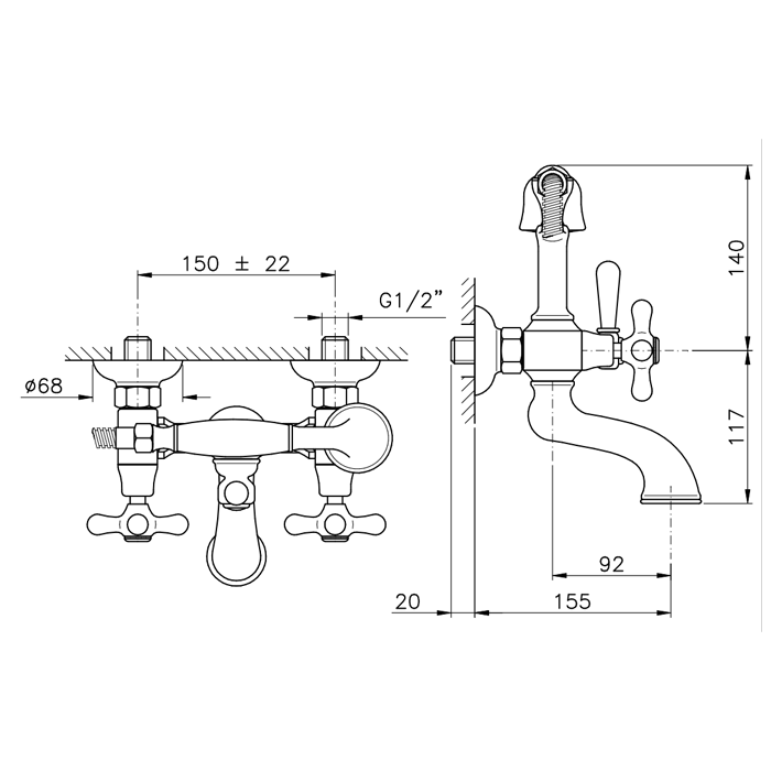 Nicolazzi Nuova Brenta Смеситель для ванны с 2мя ручками, настенный, с душевой лейкой, цвет: хром