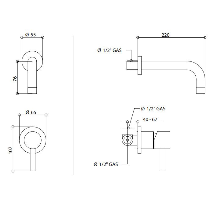 Bongio T Mix Смеситель для раковины, излив 220 мм, цвет Nichel Spazzolato (без внутр части 09761)