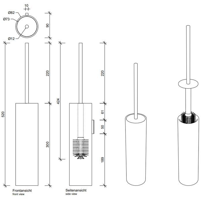 Ёршик, Decor Walther, Stone, WBG, ширина, мм-85, глубина, мм-95, высота, мм-520, настенный, материал колбы-минеральное литье белое матовое, материал держателя-металл, цвет-хром
