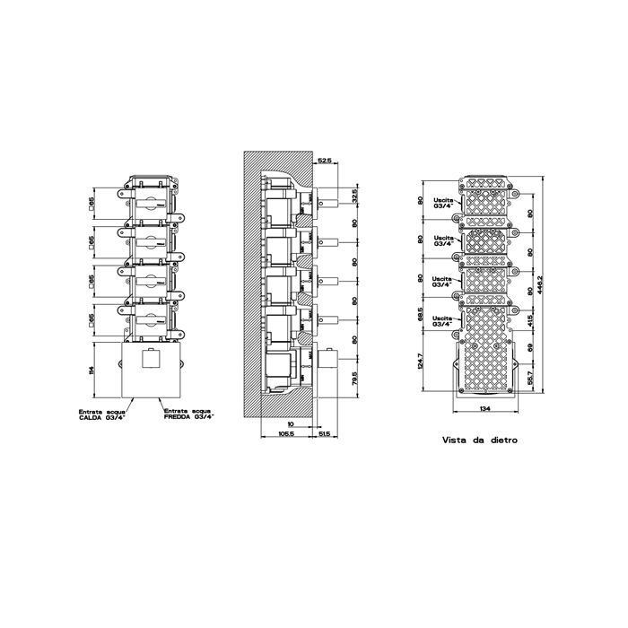 Gessi Rettangolo Встраиваемый термостат, подключение на 3/4”, с 4мя независимыми выходами(внешние части), цвет: черный
