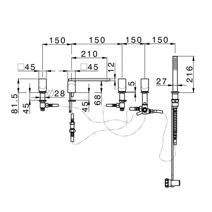 CISAL HI-RISE Смеситель для установки на борт ванны на 5 отверстий, двухвентильный, с изливом и ручным душем, цвет Gold Brushed, артикул RI0002602W