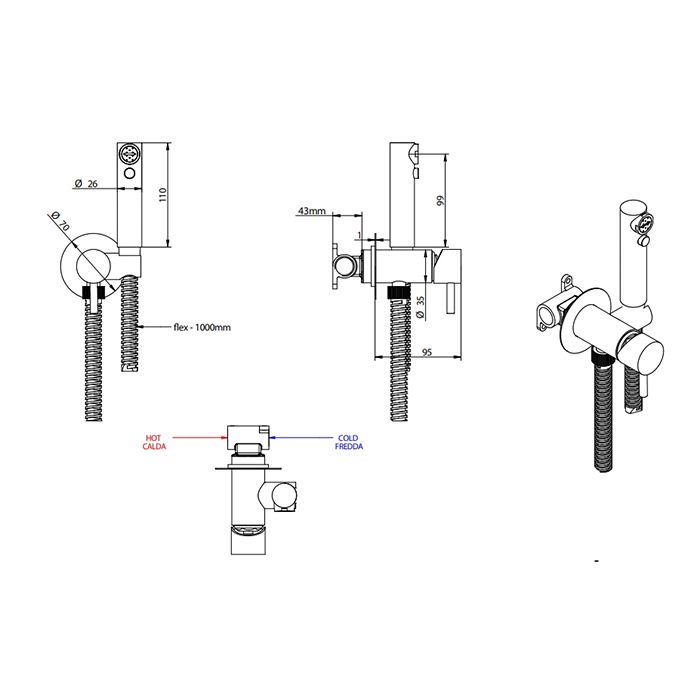 BONGIO ON Гигиенический душ в комплекте с однорычажным смесителем, шланг 1200 мм., внешняя часть, цвет хром (без внутр части 09490/CT), артикул 32916CREU