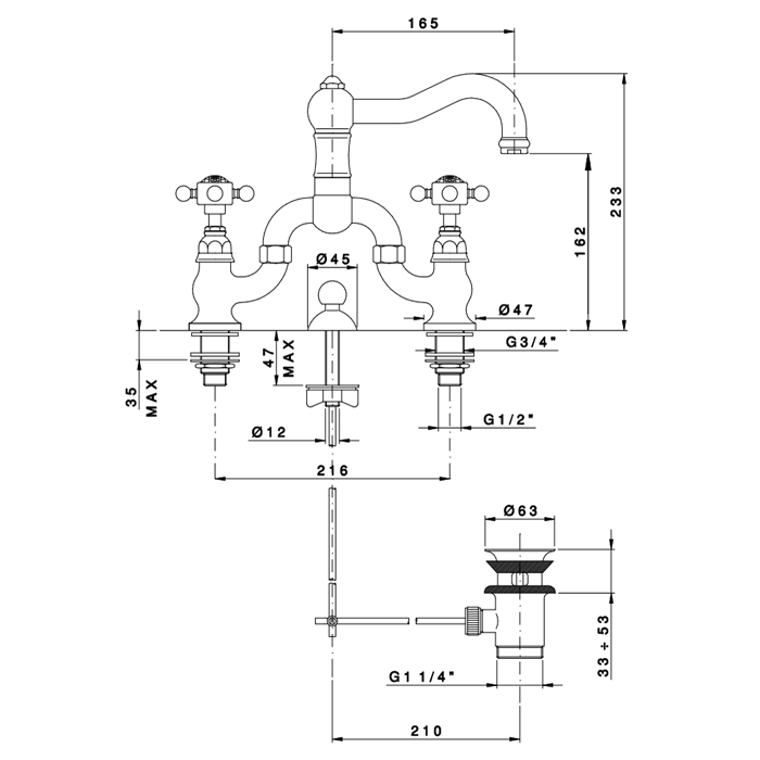 Nicolazzi Half Dome Crystal Смеситель для раковины в виде моста на 3 отверствия, излив: 165 мм, цвет: хром