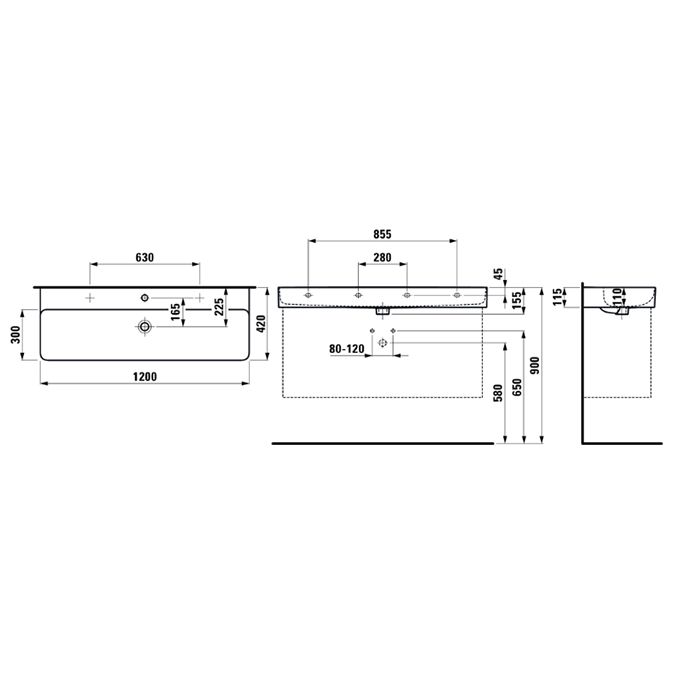 Laufen VAL Раковина 1200х420х115мм с 2 отв. под смеситель, цвет: белый