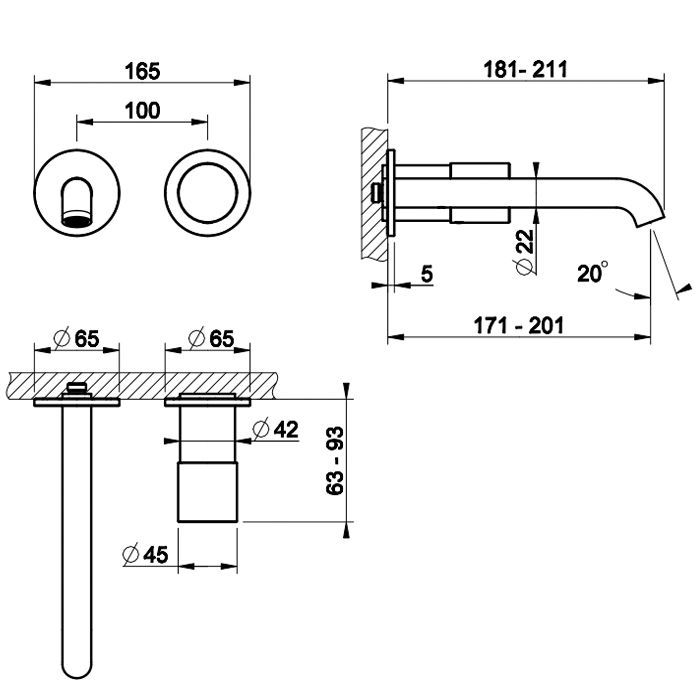 GESSI HABITO CESELLO Смеситель для раковины настенный встраиваемый, однорычажный, цвет Brass Brushed PVD