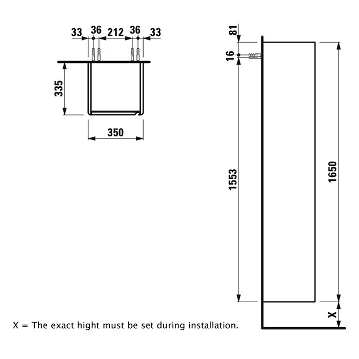 Шкаф-пенал, Laufen, Base, ширина, мм-350, глубина, мм-330, высота, мм-1650, тип установки-подвесной, дверцы-1, петли-слева, ручки из анодированного алюминия, 1 фиксированная полка и 4 стеклянных, материал корпуса-МДФ, материал фасада-МДФ, цвет-светлый вяз