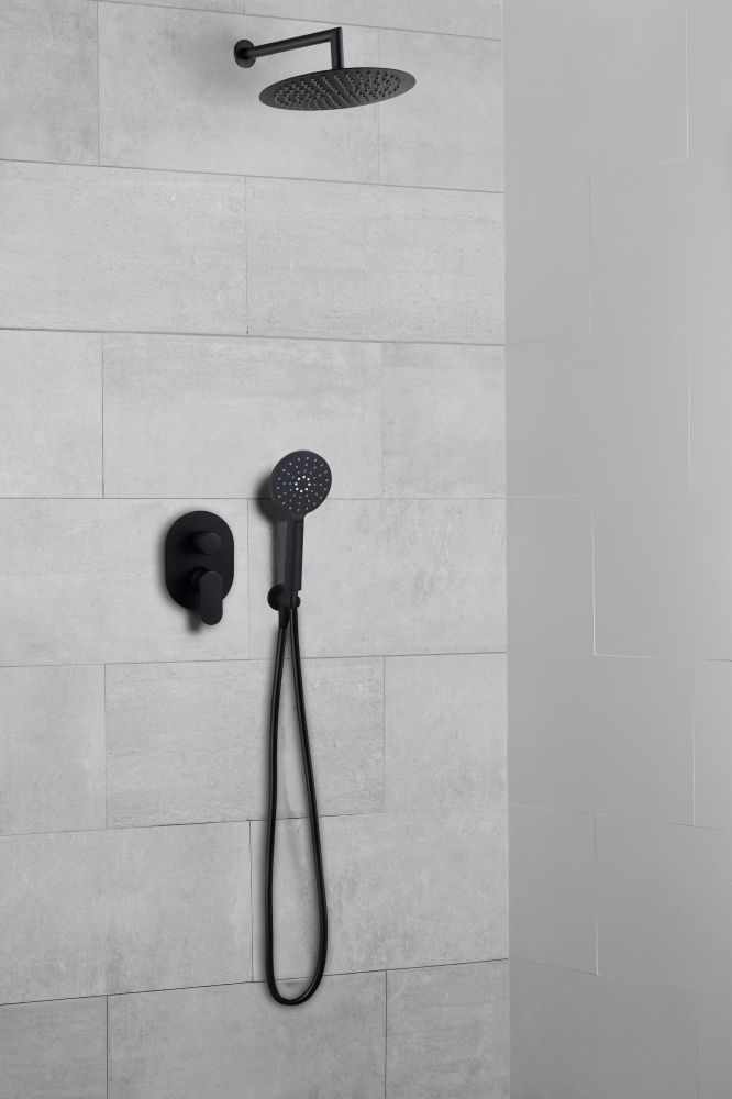 AQG Beta, душевой комплект ER208 на 2 потребителя: с круглым верхним душем 25 см и кронштейном 35 см, цвет черный матовый, артикул 19BETER20805