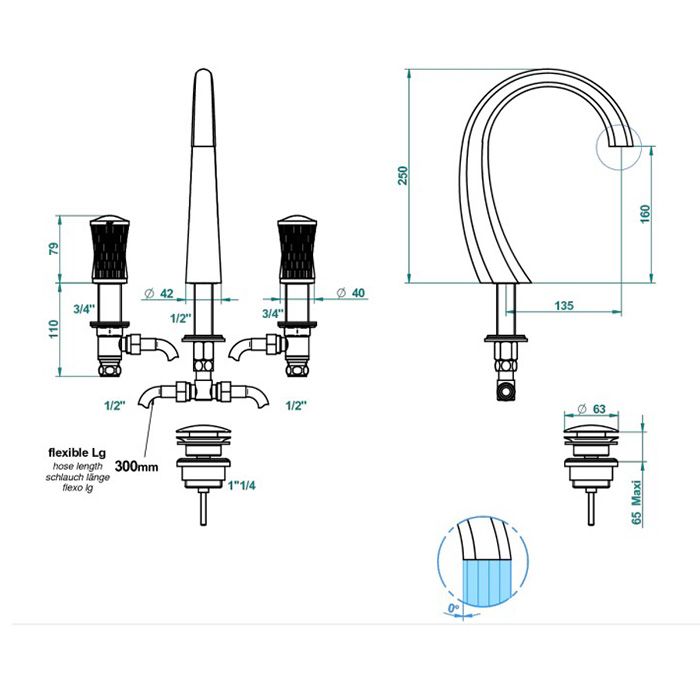 THG INFINI PORCELAINE BLANCHE DECOR OR Смеситель для раковины на 3 отверстия, с донным клапаном, цвет полированное золото