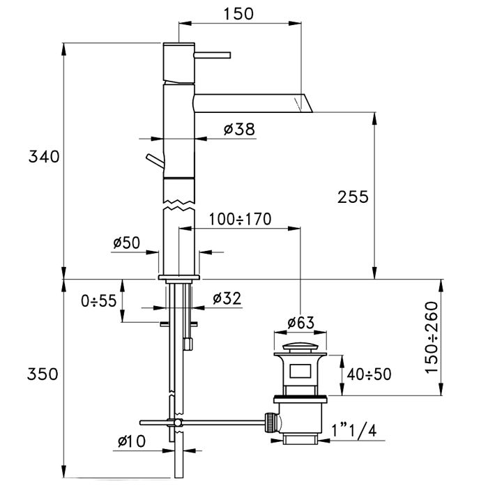 Stella Lucilla Смеситель для раковины на 1 отверстие (высокий) 3224HPL170, длина излива 150мм, с донным клапаном, цвет: хром