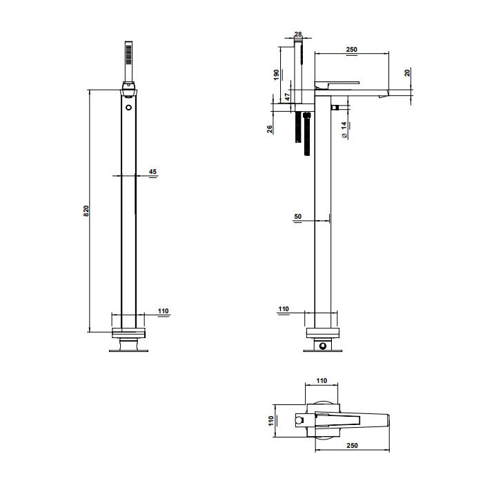 Bongio Stelth Смеситель для ванны напольный 820 мм, с ручным душем и дивертером, (необх.внутр.часть 09744) цвет золото