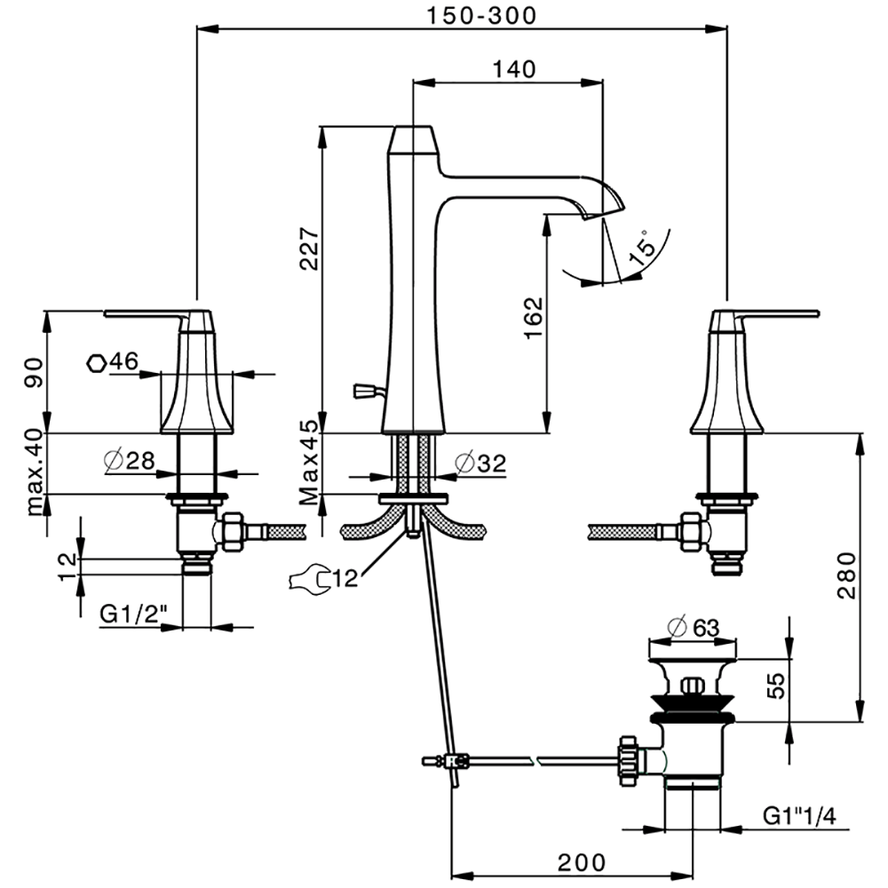 CISAL Cherie Смеситель для раковины на 3 отверстия с донным клапаном, цвет золото/черный матовый