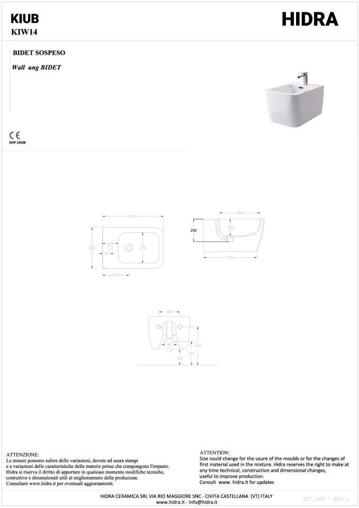 Hidra Kiub, подвесное биде c крепежом, 54x36,5x28h см, цвет белый матовый, артикул KIW14/006