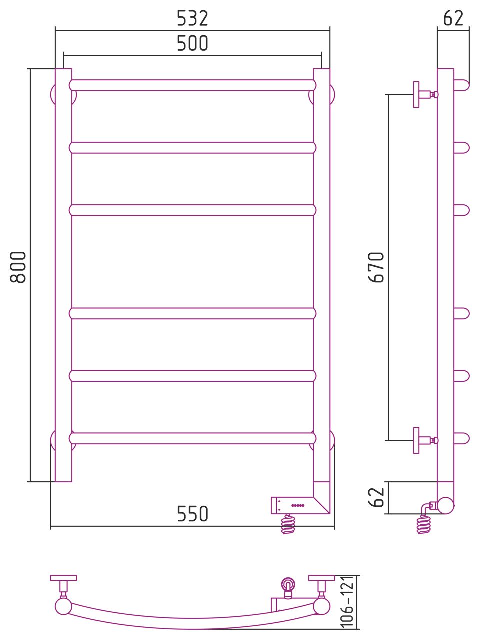Полотенцесушитель электрический "ГАЛАНТ 2.0" 800х500 / МЭМ правый (Матовый Чёрный)