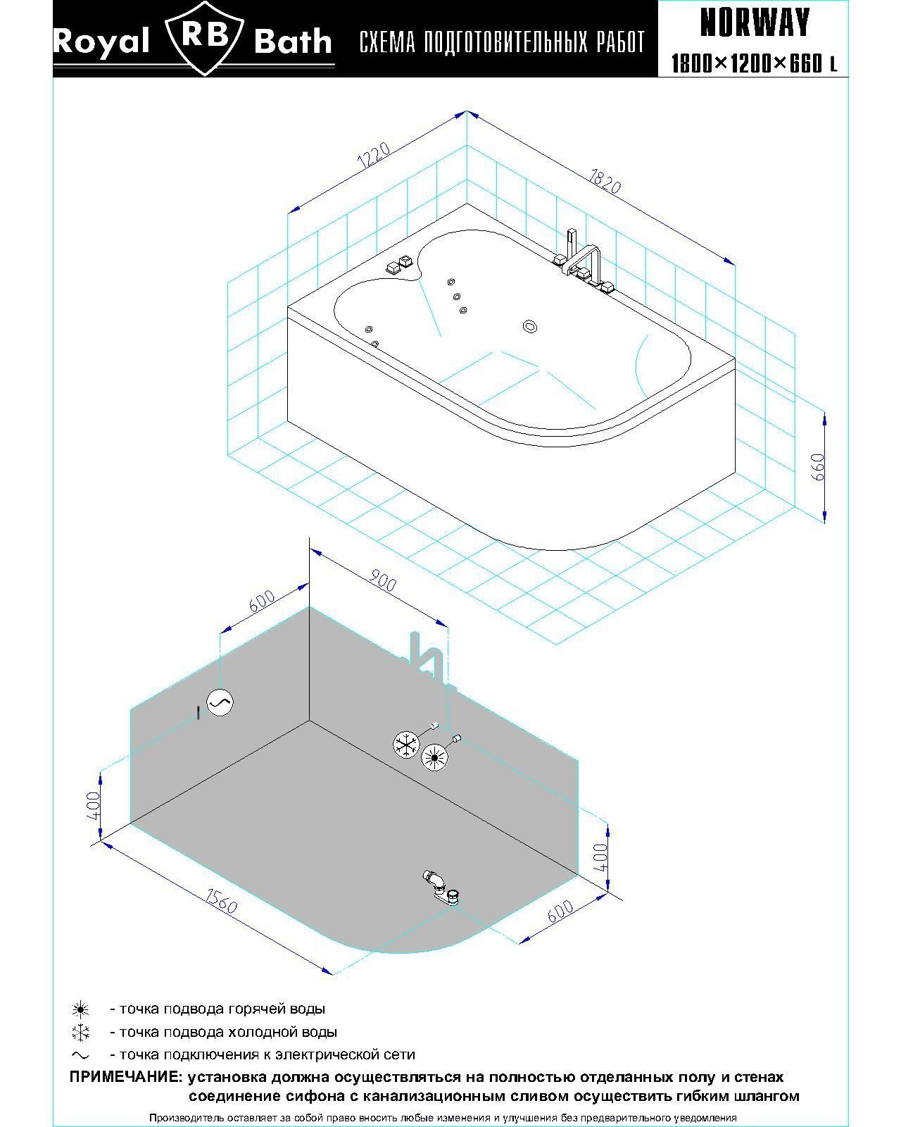 Гидромассажная ванна Royal Bath NORWAY COMFORT 180х120х66 L
