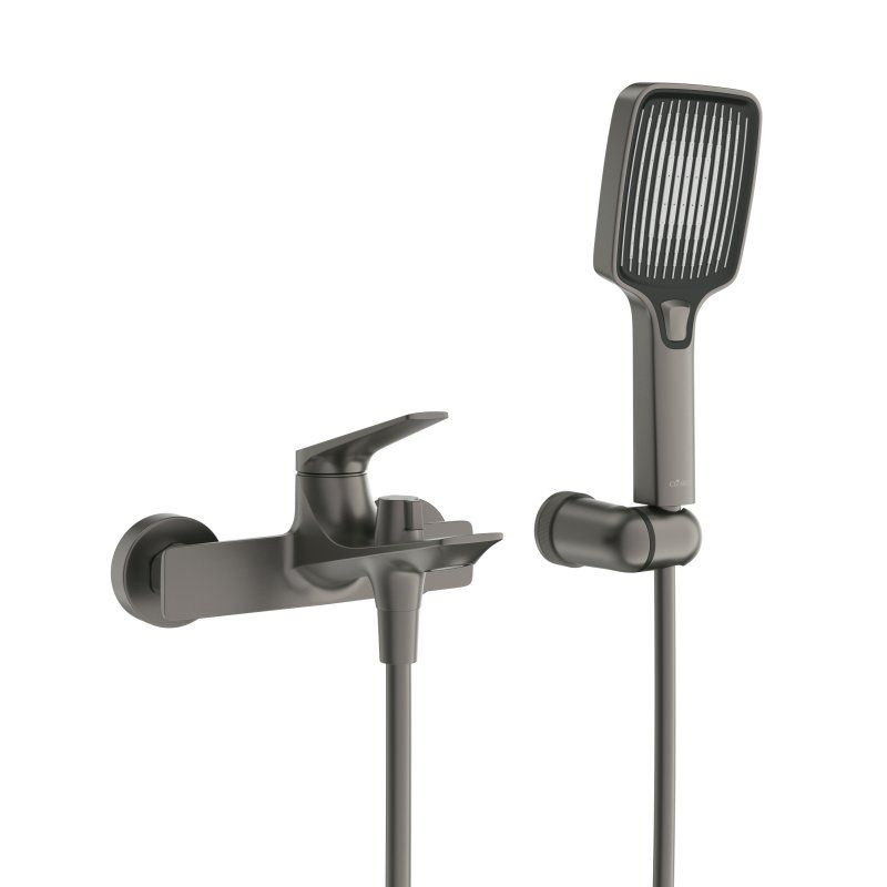 LINER-VD-GM Смеситель для ванны и душа однорычажный  в комплекте с ручным душем, шлангом и держателем, исполнение оружейная сталь, артикул LINER-VD-GM