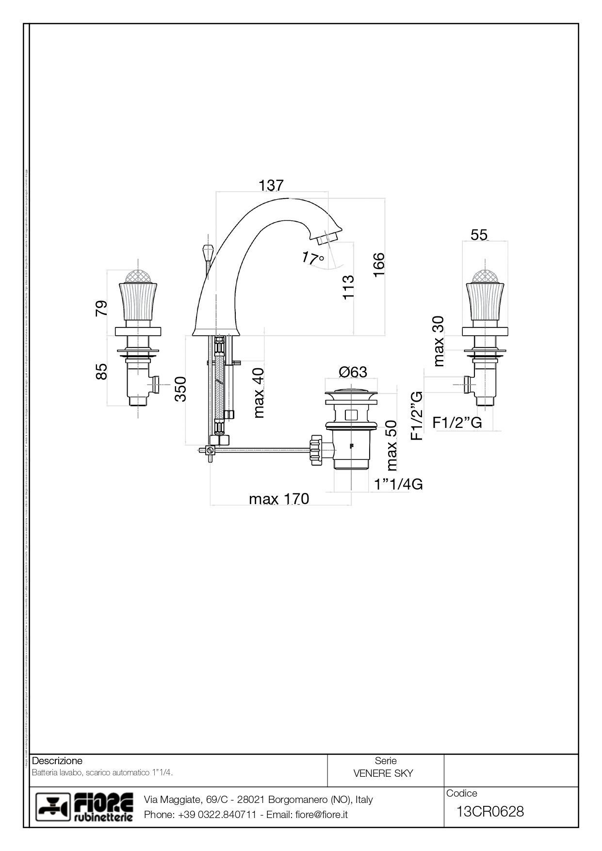 Fiore Venere Sky, двухвентильный смеситель для раковины на 3 отверстия, цвет хром - Swarovski