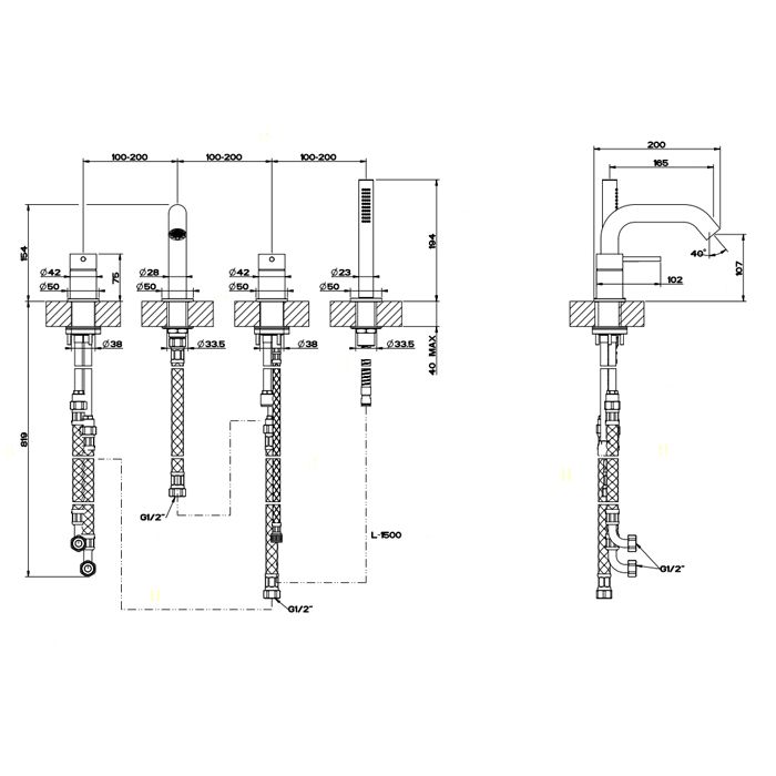 GESSI 316 Смеситель для ванны на 4 отверстия, с переключателем, изливом и шлангом 1,50 м, цвет: steel brushed