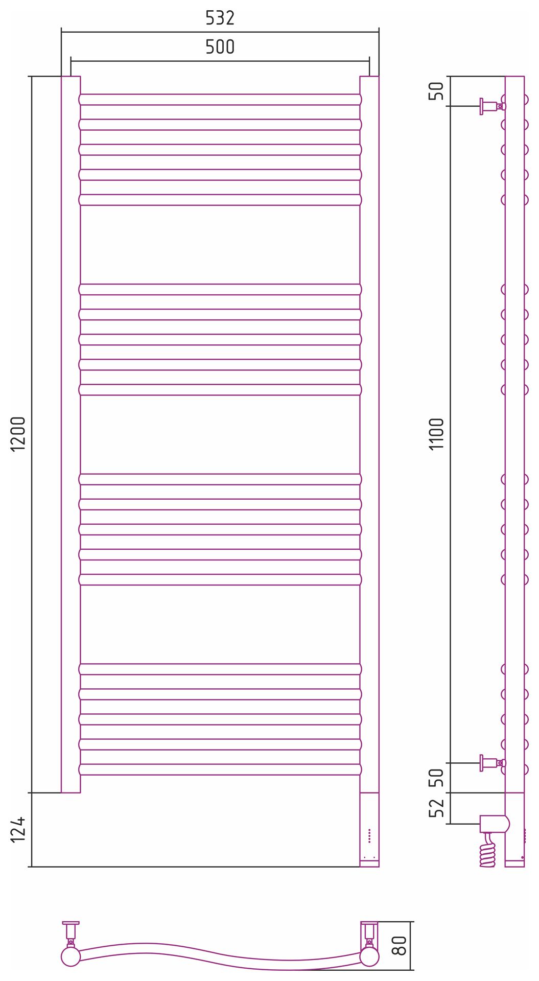 Полотенцесушитель электрический ФЛЮИД 3.0 1200х500 МЭМ правый (Матовый чёрный)