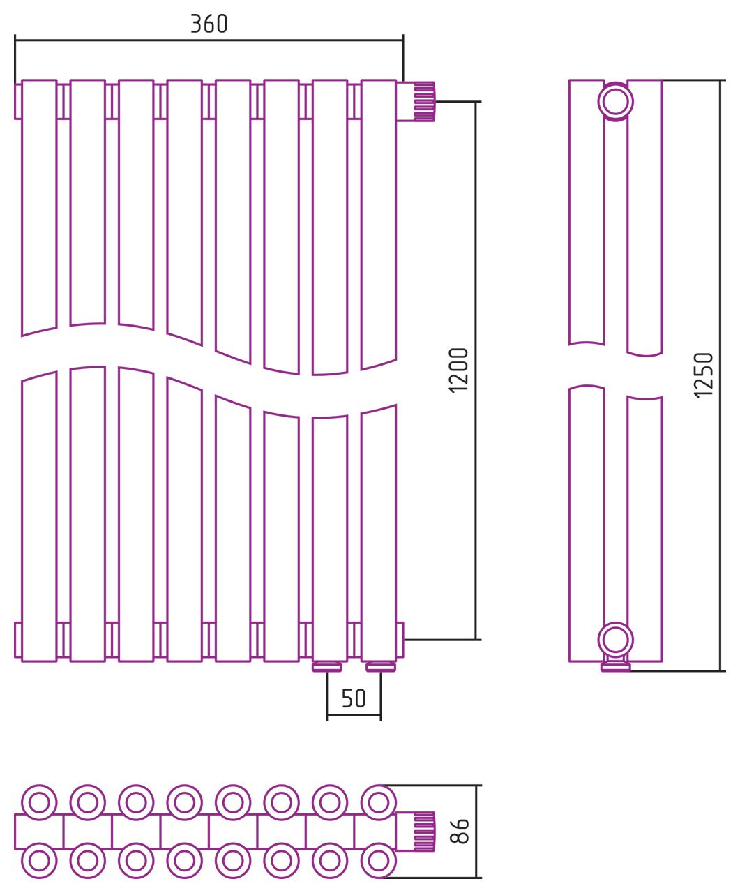 Отопительный радиатор ЭСТЕТ-00 н/ж EU50 1200х360 / 8 сек (Матовое ЗОЛОТО)