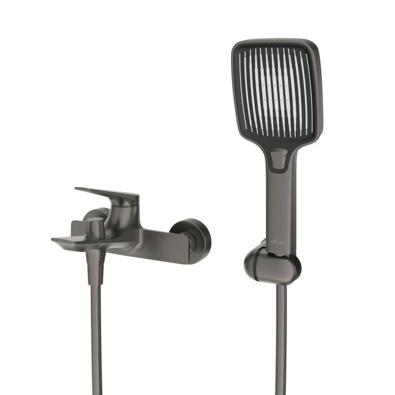 LINER-VD-GM Смеситель для ванны и душа однорычажный  в комплекте с ручным душем, шлангом и держателем, исполнение оружейная сталь, артикул LINER-VD-GM