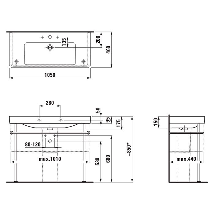 Laufen Pro S Раковина 1050х465х95 мм,подвесн/накладная с 1 отв. под смес, c перелив, цвет: белый