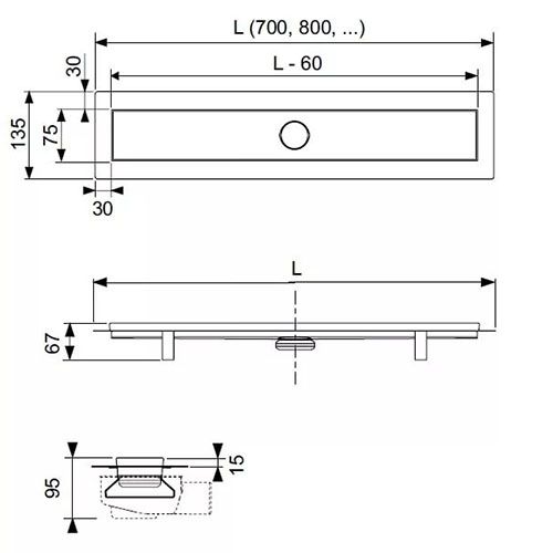 TECElinus. Комплект для монтажа дренажного канала, 900 мм, с решеткой straight, с мембраной TECElinus. Комплект для монтажа дренажного канала, 900 мм, с решеткой straight, с мембраной