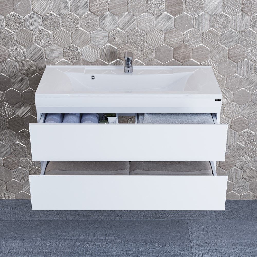 Тумба под раковину Санта Марс 100 см, 700188е, 2 ящика, подвесная, белый ум. Elen 100 литой мрамор)