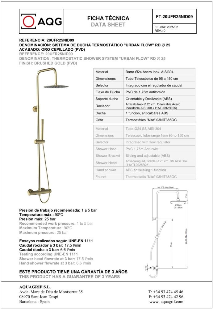 AQG Nite, душевая колонна регул. по высоте 95-150 см: c термостатом и круглым верхним душем 25 см, цвет матовое золото (PVD), артикул 20UFR25NID09