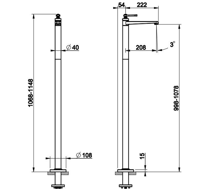 GESSI VENTI20 Смеситель напольный для раковины, излив 208 мм, внешняя часть, цвет Black Metal Brushed PVD